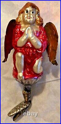 Antique VTG Kneeling Praying Angel Dresden Wings Glass German Christmas Ornament