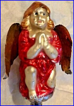 Antique VTG Kneeling Praying Angel Dresden Wings Glass German Christmas Ornament