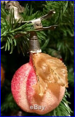 Antique VTG Sugared Frosted Peach On Candle Clip Glass German Christmas Ornament
