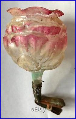 Antique VTG Unsilvered Rose Candle Cup On Clip Glass German Christmas Ornament