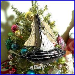 Antique Victorian BOAT Dresden Paper Diecut Wire Wrap Mast Glass Xmas Ornament