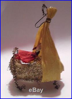 Antique Victorian Baby in Crib Glass Wire Crepe Paper German Christmas Ornament