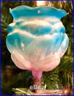 Antique Vintage Blue Rose Candle Cup On Clip German Glass Christmas Ornament