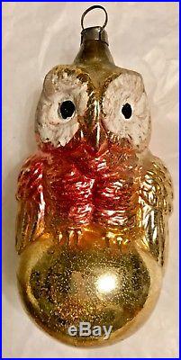 Antique Vintage Colorful Big Eyed Owl On A Ball German Glass Christmas Ornament