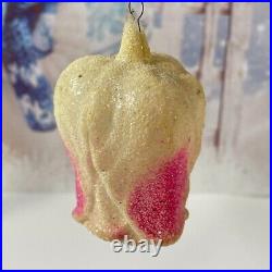 Antique Vintage Frosted Glittered Glass FLOWER Rose Christmas Tree Ornament Pink