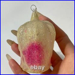 Antique Vintage Frosted Glittered Glass FLOWER Rose Christmas Tree Ornament Pink