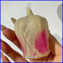 Antique Vintage Frosted Glittered Glass FLOWER Rose Christmas Tree Ornament Pink