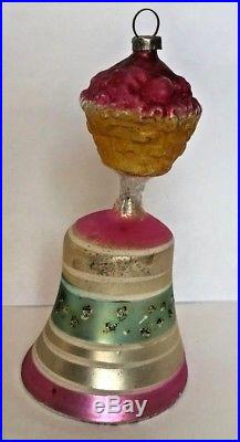 Antique Vintage Fruit Basket Top Bell W Clapper Glass German Christmas Ornament