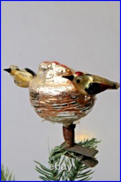 Antique Vintage Glass Clip On BIRDS on NEST w Chicks Christmas Ornament Germany