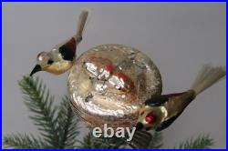 Antique Vintage Glass Clip On BIRDS on NEST w Chicks Christmas Ornament Germany