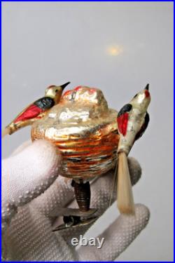 Antique Vintage Glass Clip On BIRDS on NEST w Chicks Christmas Ornament Germany