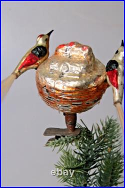 Antique Vintage Glass Clip On BIRDS on NEST w Chicks Christmas Ornament Germany