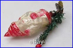 Antique Vintage Glass SANTA w Feather TREE Clip On Christmas Ornament Germany