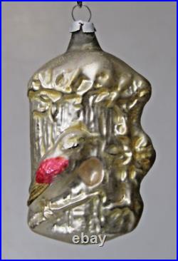 Antique Vintage Glass Woodpecker Bird On Tree Stump Christmas Ornament Germany