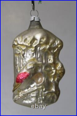 Antique Vintage Glass Woodpecker Bird On Tree Stump Christmas Ornament Germany