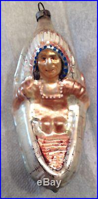 Antique Vintage INDIAN IN A CANOE Glass Christmas Ornament feather tree