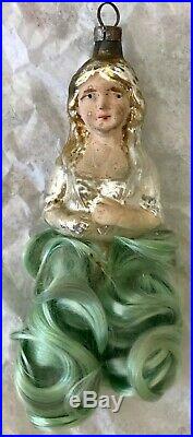 Antique Vintage Pincushion Doll Angel Hair Skirt Glass German Christmas Ornament