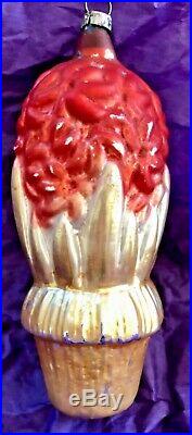 Antique Vintage Red Hyacinth In Flower Pot Glass German Christmas Ornament