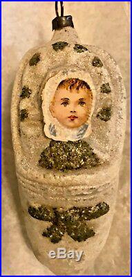 Antique Vintage Unsilvered Shoe W Baby Scrap Glass German Christmas Ornament