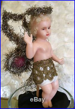 Antique Wax Angel With Hair & Metallic Tread Adornment Glass Dome Xmas Ornament