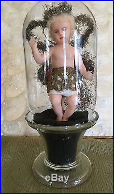 Antique Wax Angel With Hair & Metallic Tread Adornment Glass Dome Xmas Ornament
