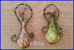 Antique glass christmas tree ornament wire wrapped basket of flowers RARE Set 2