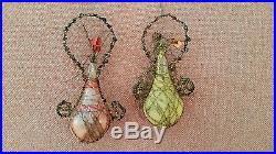 Antique glass christmas tree ornament wire wrapped basket of flowers RARE Set 2