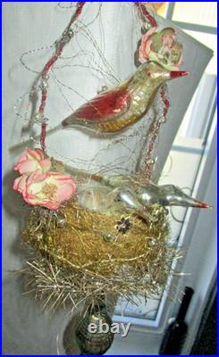 Antique mercury glass 3 Birds nest, Christmas tree ornament/Germany