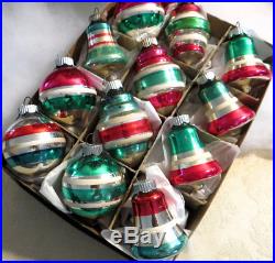 BOX 12 Small Shiny Brite Glass Xmas Ornaments STRIPES Bells Lantern Patriotic