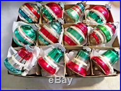BOX 12 Small Shiny Brite Glass Xmas Ornaments STRIPES Bells Lantern Patriotic