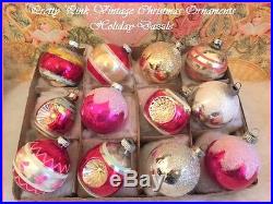 Beautiful Vintage PINK Shiny Brite Double Indent Lanterns Glass Xmas Ornaments