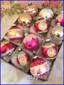 Beautiful Vintage PINK Shiny Brite Double Indent Lanterns Glass Xmas Ornaments