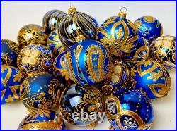 Blue Gold Christmas Ornaments Set 30 Premium Handmade Glass Balls