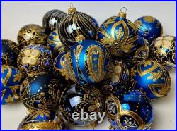 Blue Gold Christmas Ornaments Set 30 Premium Handmade Glass Balls