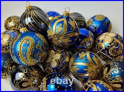 Blue Gold Christmas Ornaments Set 30 Premium Handmade Glass Balls