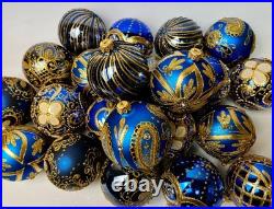 Blue Gold Christmas Ornaments Set 30 Premium Handmade Glass Balls