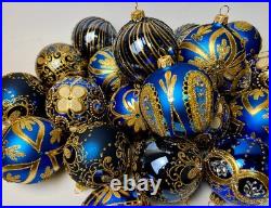 Blue Gold Christmas Ornaments Set 30 Premium Handmade Glass Balls