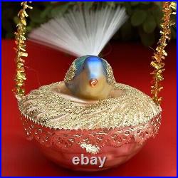 Blumchen Inge-Glas Blue bird In nest glass Vintage Christmas ornament German