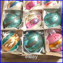 Box 12 Poland W. Germany Painted Mica Pink Teal Glass Xmas Ornaments