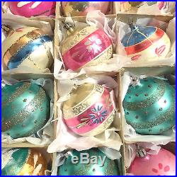 Box 12 Poland W. Germany Painted Mica Pink Teal Glass Xmas Ornaments