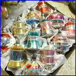Box 12 Premier Vtg Glass Xmas Ornaments Shiny Brite Box Bells Tops Layer Indents