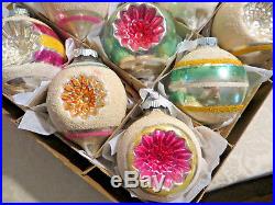 Box 12 Shiny Brite Jumbo MICA Teardrop Dbl Indent Pastel Glass Xmas Ornaments