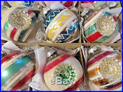 Box 12 Shiny Brite Mica Stripe Indent Vtg 2.75 Glass Xmas Ornaments Glitter
