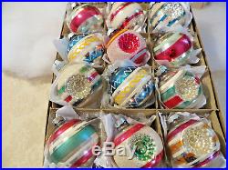 Box 12 Shiny Brite Mica Stripe Indent Vtg 2.75 Glass Xmas Ornaments Glitter