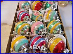 Box 12 USA Vtg Mica Stripe Glass Xmas Ornaments 2 Shiny Brite dbl Indents
