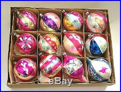 Box 12 Vintage PINK Poland STRIPE Glass Christmas Ornaments Mica Hand Painted