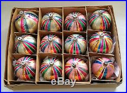 Box 12 Vintage Poland STRIPE Glass Christmas Ornaments Mica Multi Color