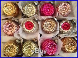 Box 12 Vintage Shiny Brite Bumpy Glass Xmas Ornaments Double Indent Flower PINKS