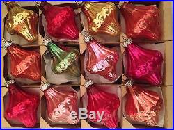 Box 12 Vtg Embossed Glass Shiny Brite Xmas Ornaments Lantern Spinner Colors USA