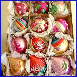 Box 12 Vtg Fantasia Poland Blown Glass Xmas Ornaments Hand Painted Pears Spheres